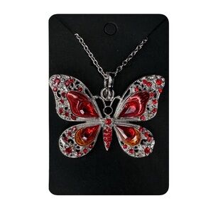 Butterfly Pendant Necklace Silver Tone with Red and Orange Accents
